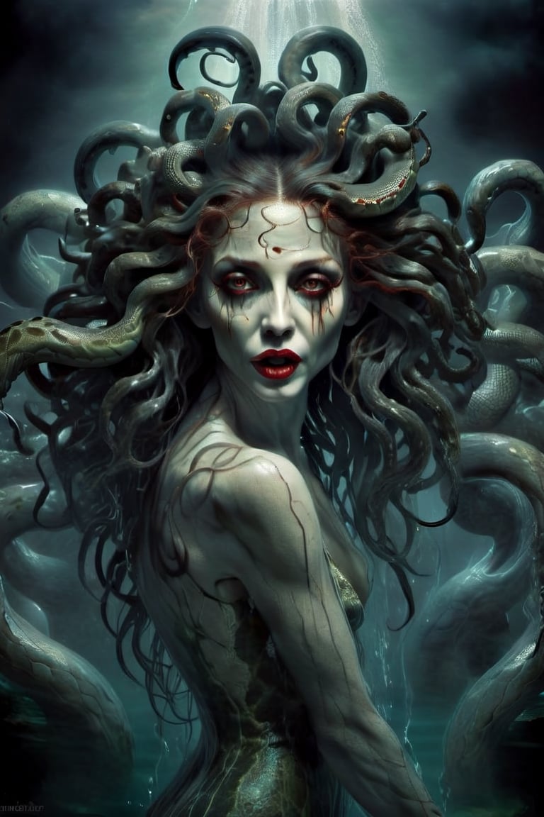 Create a captivating and realistic digital artwork of Medusa, the mythological Gorgon, with her iconic snake hair. Craft a scene that portrays her in all her terrifying beauty, and bring out the intricate details of her serpentine locks. Use your artistic talent to capture the essence of this mythical character, making her come to life on the canvas. Let your imagination and creativity run wild in depicting Medusa and her mesmerizing, venomous hair in a way that evokes both fear and fascination, she is standing in a pool of water, the water ripples arounf her, she wears a loose white top, red lips, a wry smile on her face, she is terrifying,