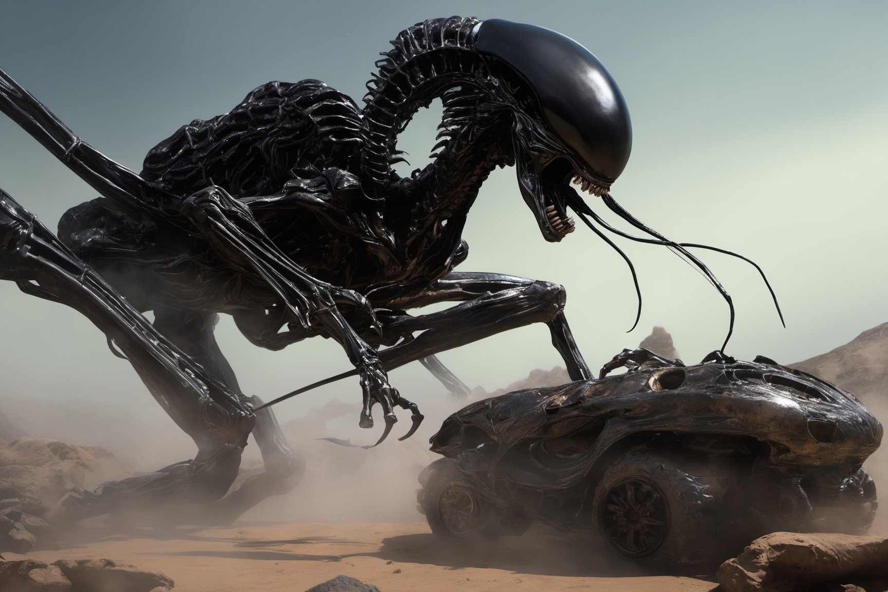 an alien sspider xenomorph launches itself at a nearby victim,  black shiny carapace,  see through to the skull by Ravisha...