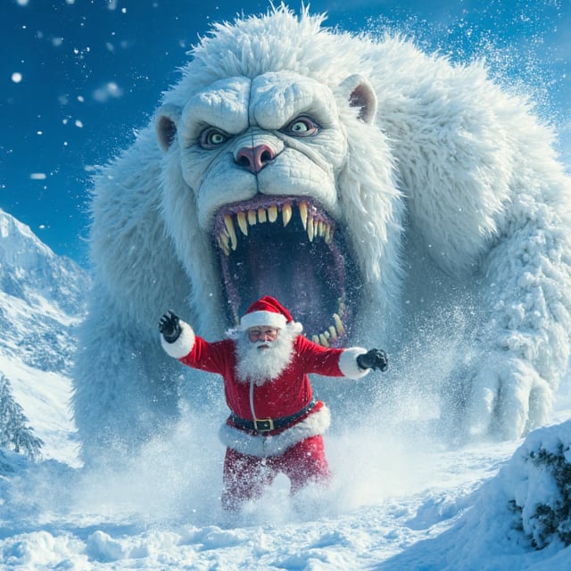 Tracking shot of a panicked santa claus,  fighting a huge snowball monster . In this iconic action scene,  Santa is domina...