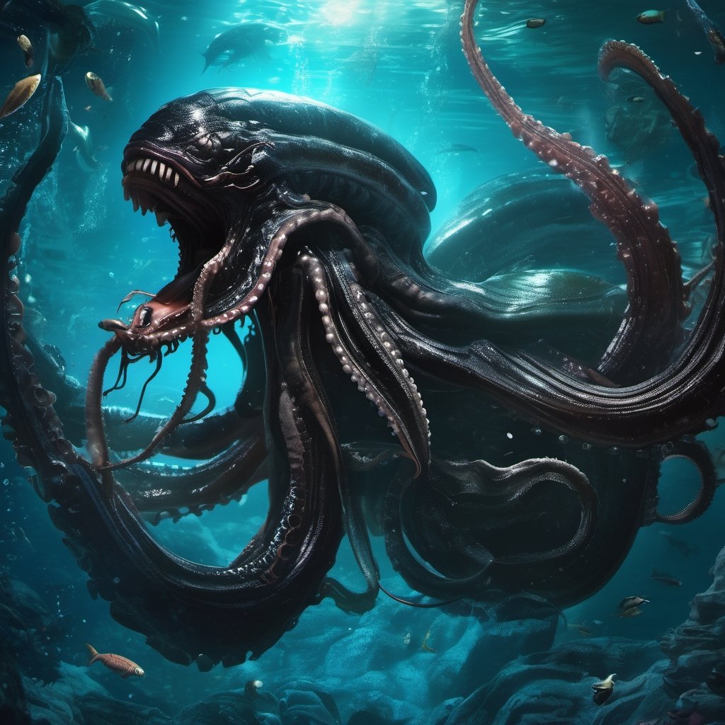 an alien xenomorph launches itself at a nearby giant octopus, black shiny carapace, tentacles, motion blur, underwater scene, 