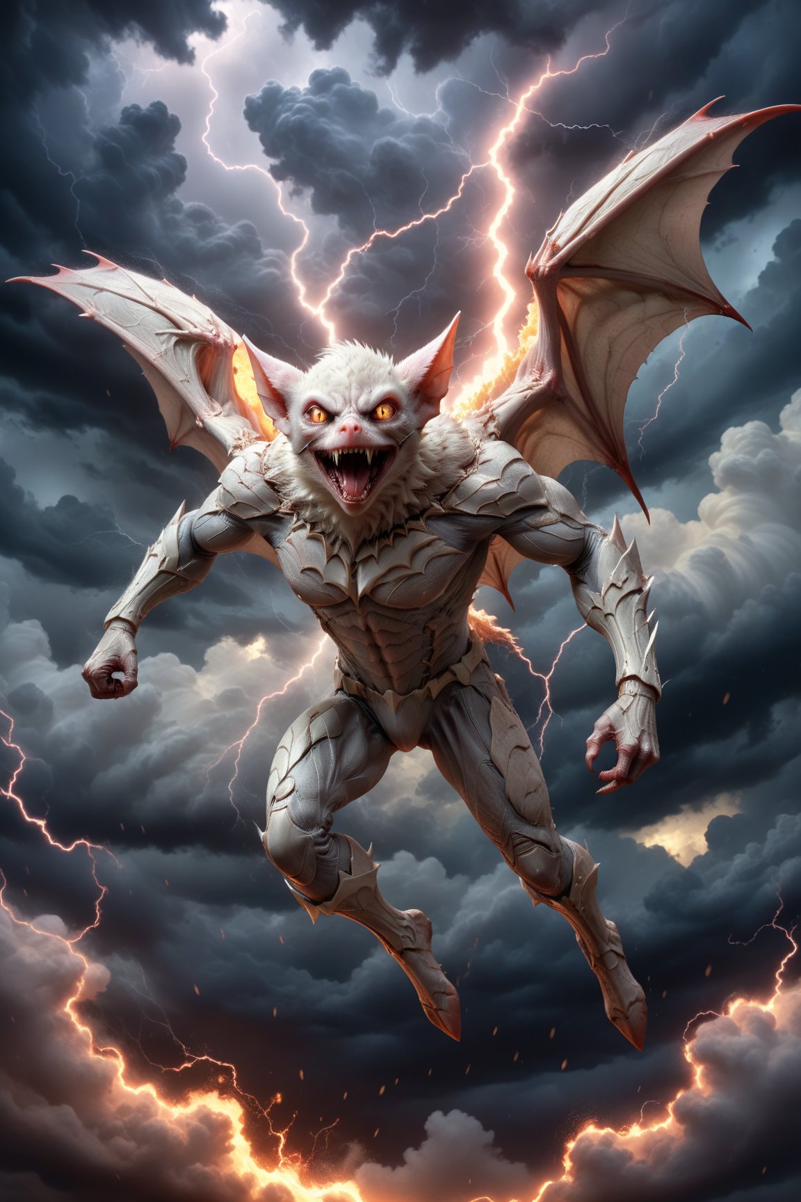 In a majestic, HD, 8K composition, a clse up mid shot, a stunning albino bat assumes a dramatic pose. Framed against fiery clouds, lightening, and a turbulent sky,the creature's gaze meets the viewer's, its eyes gleaming with intensity. Wings outstretched, it appears to scan the horizon for wind currents. The illustration exudes a sense of heroic fantasy, reminiscent of Dungeons and Dragons, as if this majestic bat is about to embark on an epic adventure, wispy storm clouds, lightening, foggy turbulent sky,action shot