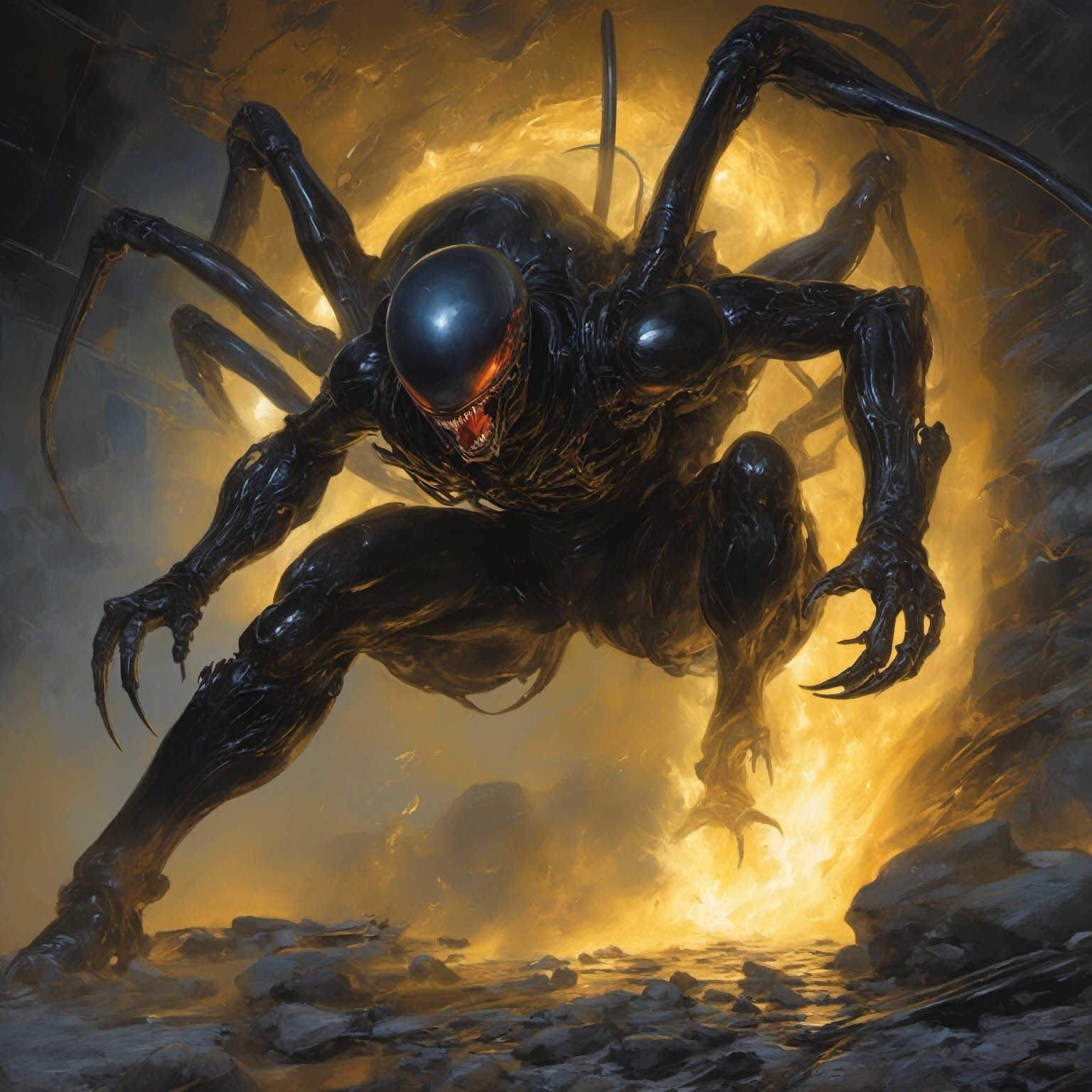 an alien sspider xenomorph launches itself at a nearby victim,  black shiny carapace,  see through to the skull by Ravisha...