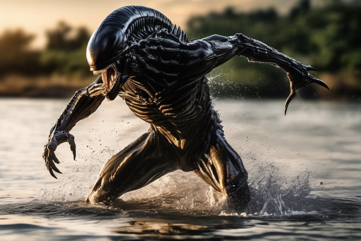 an alien xenomorph leaping from the water,  attacking swiftly like a crocodile,  water splashing by Ravishastri on Tensor.Art