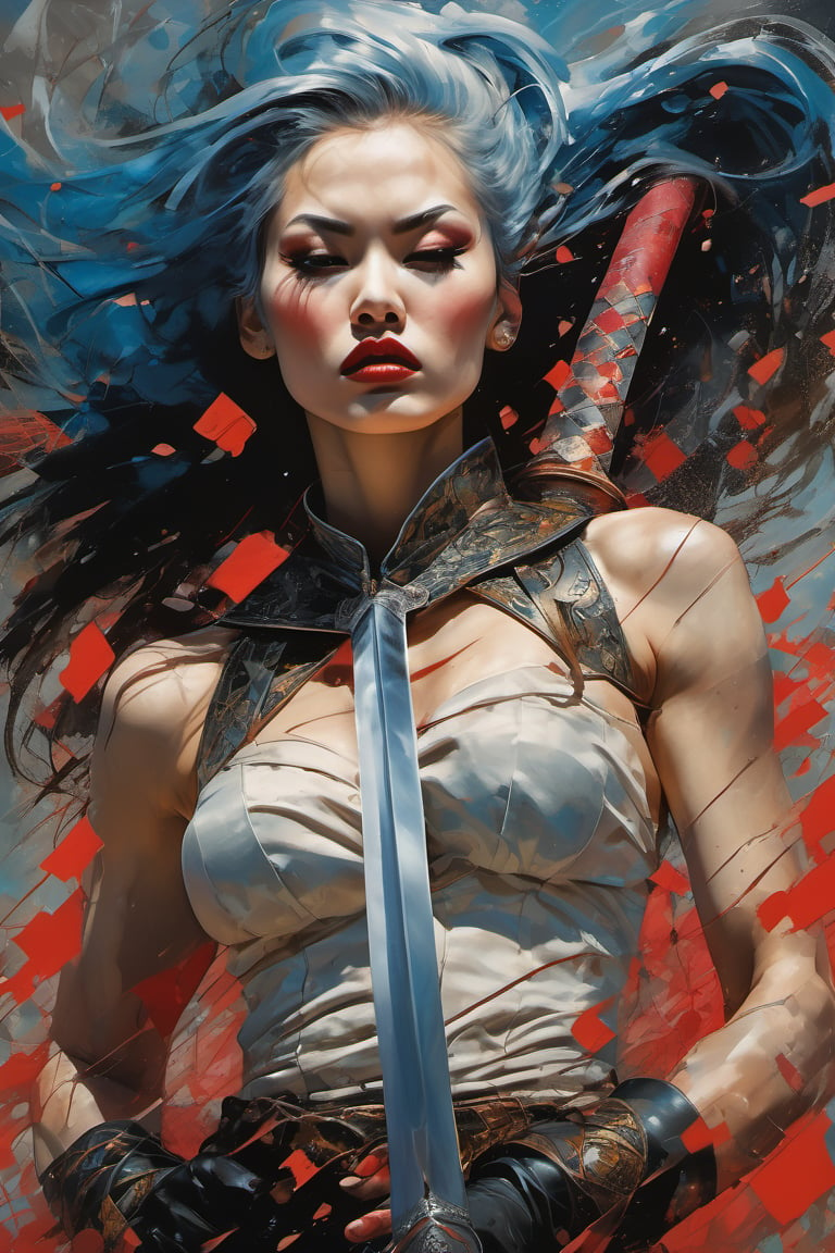 heaven poster, a warrior women, hair is wind blown, huge wings on her back, dramatic blue sky and angry lightening clouds behind her, long battle sword in her right hand, blood dripping from the sword, manga style, an oil painting, a masterpiece, art by TavitaNiko, art by Vallejo, art by Klimt , art by brom, tattoo by ed hardy, shaved hair, neck tattoos andy warhol, heavily muscled, biceps,glam gore, horror, demonic, hell visions, demonic women, military poster style, asian art, chequer board,