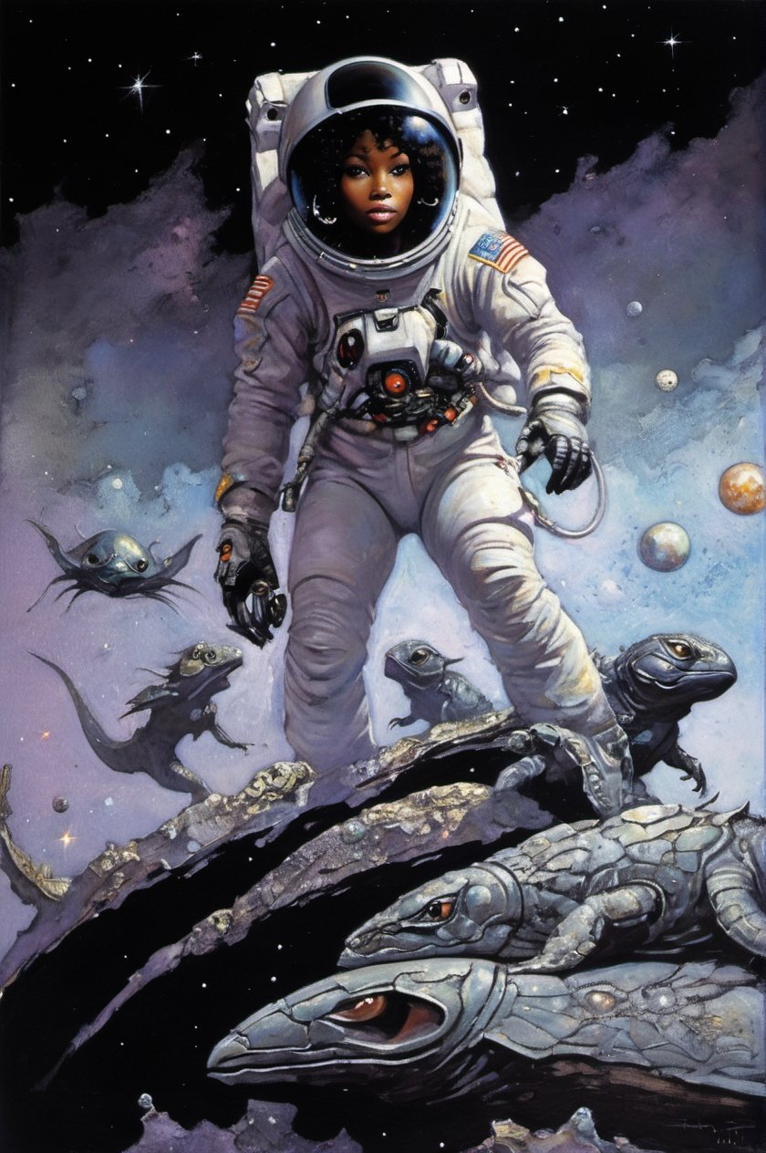 an oil painting,  a masterpiece,  a black female astronaut by Ravishastri on Tensor.Art