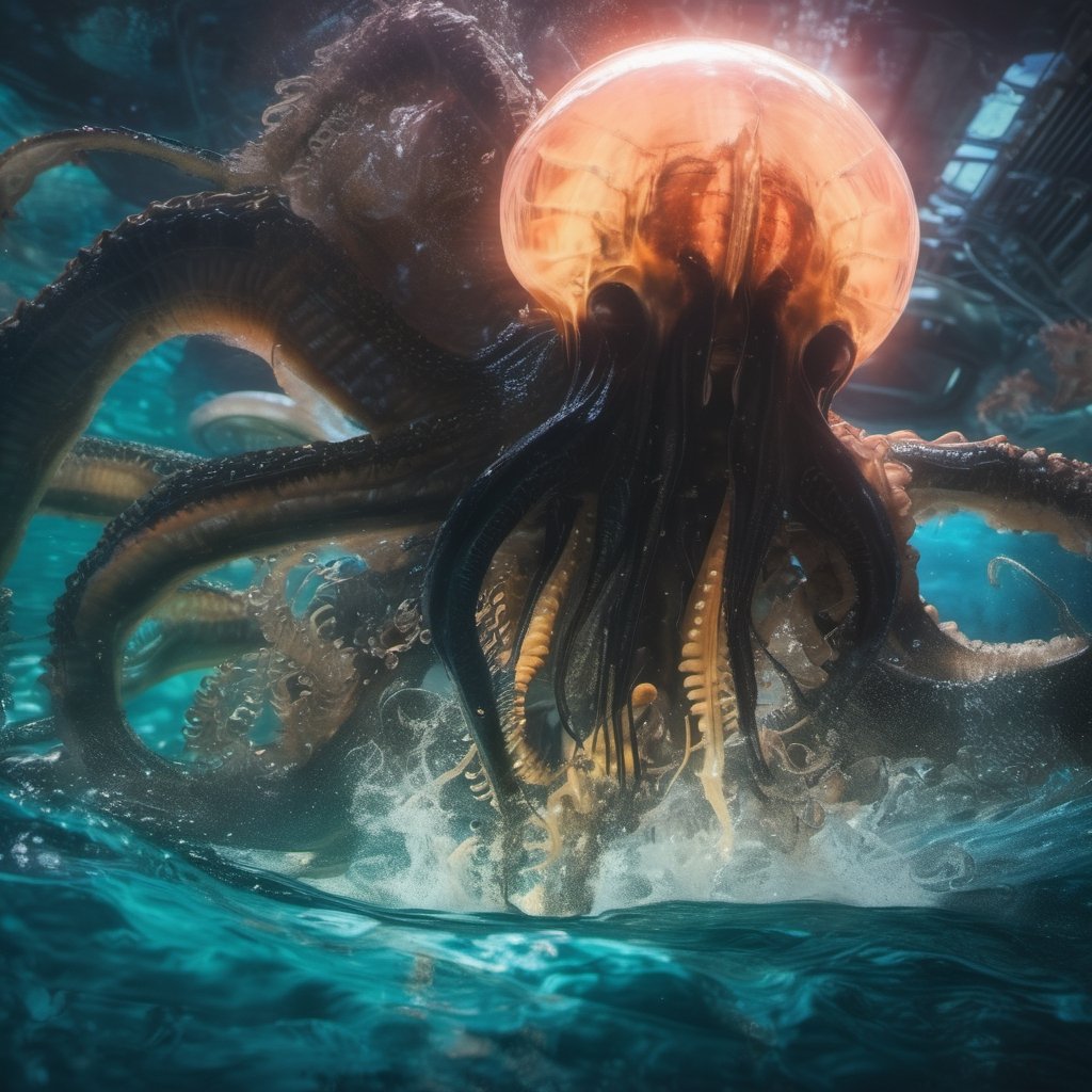an alien xenomorph launches itself at a nearby giant octopus,  black shiny carapace,  motion blur by Ravishastri on Tensor...
