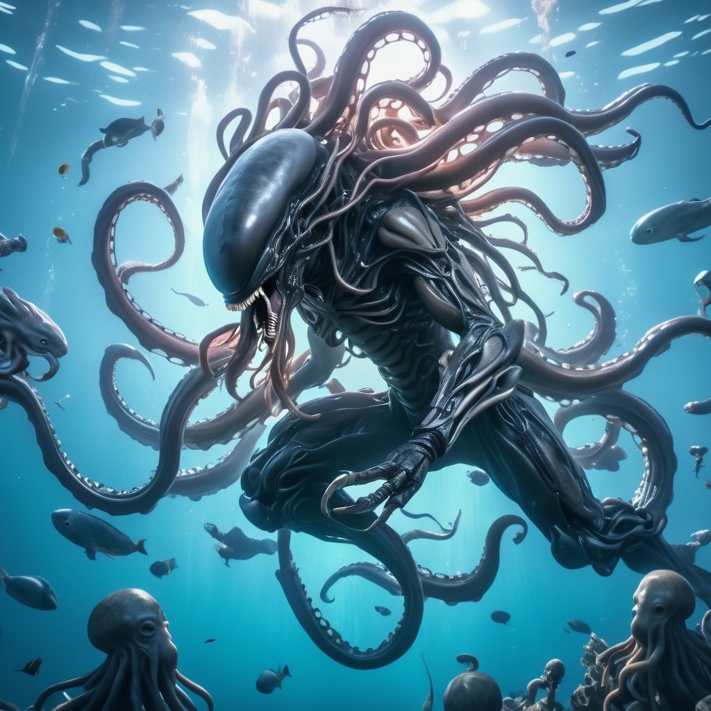an alien xenomorph launches itself at a nearby victim,  a giant octopus,  motion blur by Ravishastri on Tensor.Art