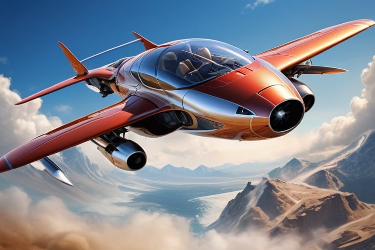 Create a visionary flying car that pushes the boundaries of design and technology. The machine is soaring above stunning l...