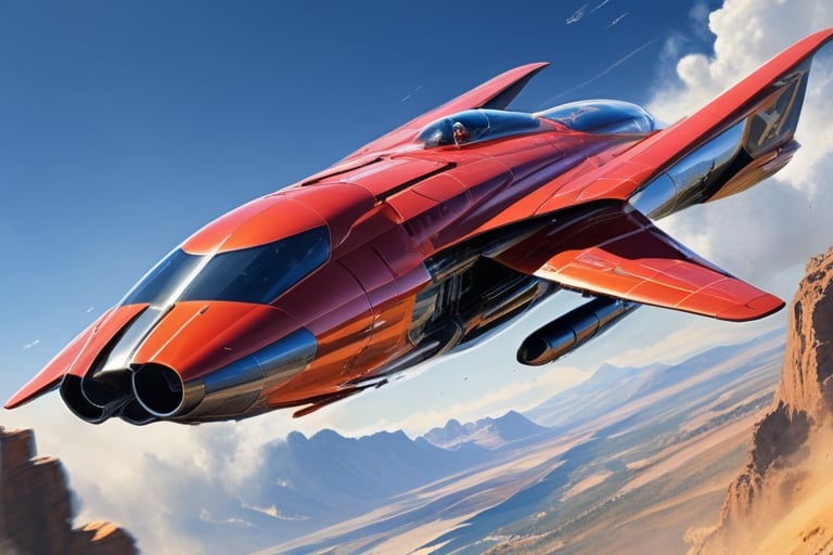 Create a visionary modern flying car that pushes the boundaries of design and technology. The machine is soaring above stu...