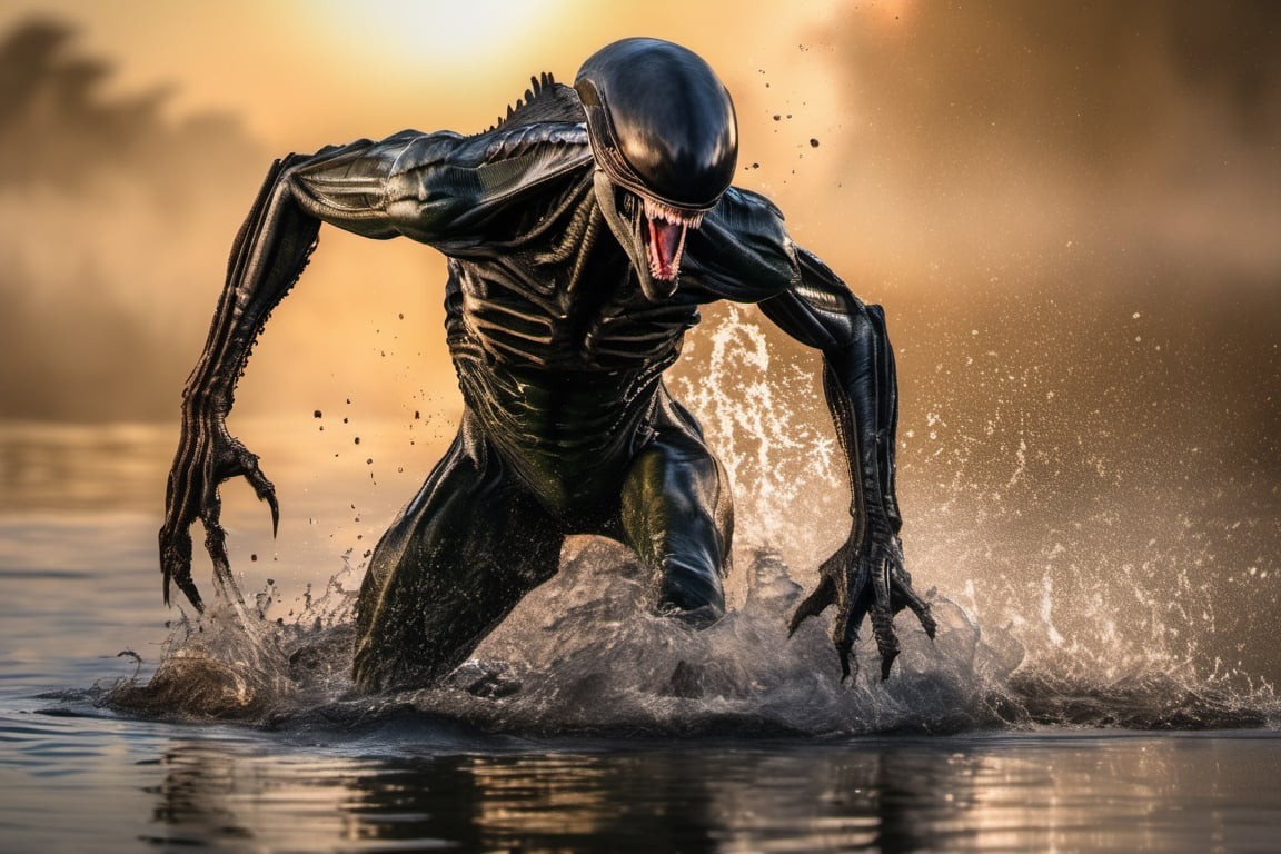 an alien xenomorph leaping from the water,  attacking swiftly like a crocodile,  water splashing by Ravishastri on Tensor.Art