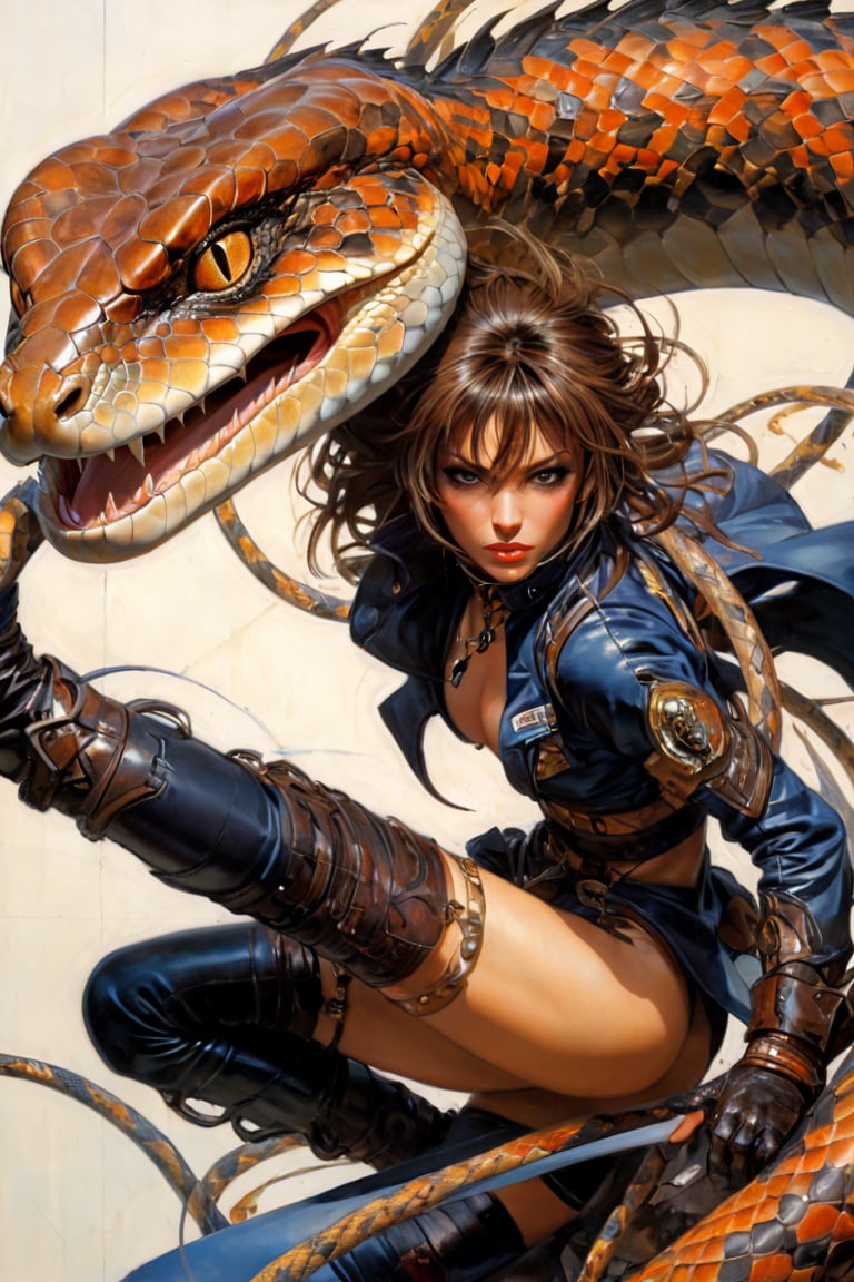 art by Masamune Shirow, art by J.C. Leyendecker, art by simon bisley, art by ralph steadman, a masterpiece, stunning beauty, hyper-realistic oil painting, snake alien creatures, a portrait picture, incredible detail, fantasy portrait, smooth scaly skin,  kaleidoscope graffiti background,action shot