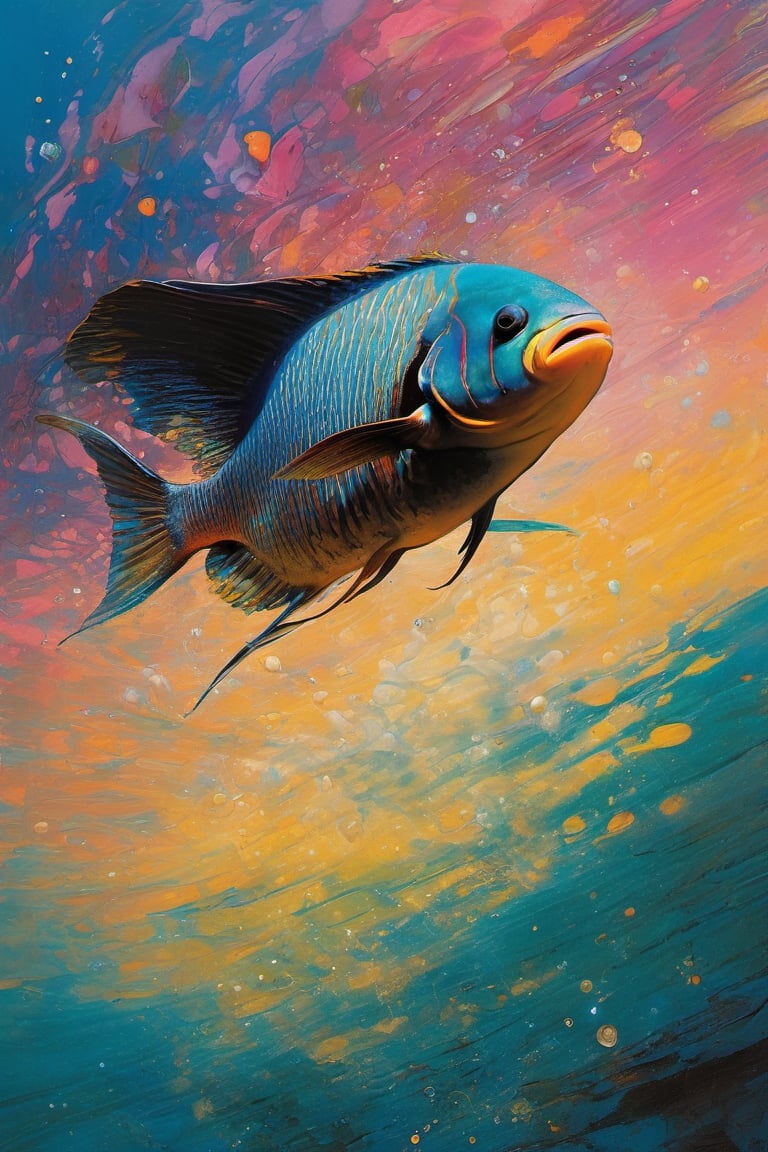  art by simon bisley, art by Brom, art by ralph steadman, art by gustav klimt, a tropical angel fish swimming in a tropical ocean, resplendant in colour and intricate detail,  a masterpiece, realistic,  The artwork is a masterpiece, boasting incredible detail and a sense of depth that pulls the viewer in.