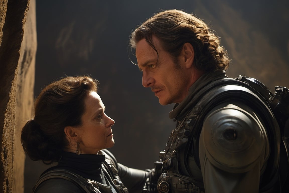 50 year old sigourney weaver as ripley,  talking to Michael fassbender as David,  low lighting by Ravishastri on Tensor.Art