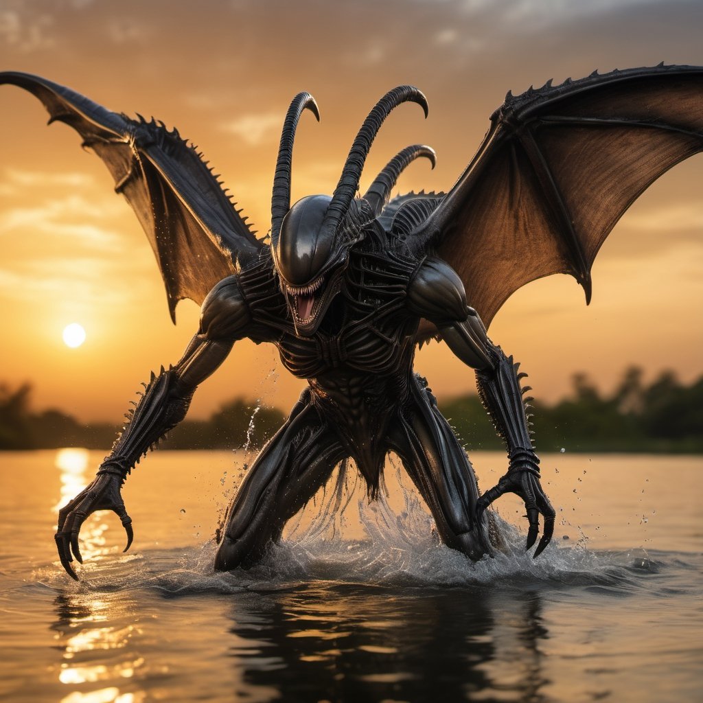 an alien xenomorph rising from the water,  its semitransparent bat like wings flapping quickly to keep it aloft,  water dr...