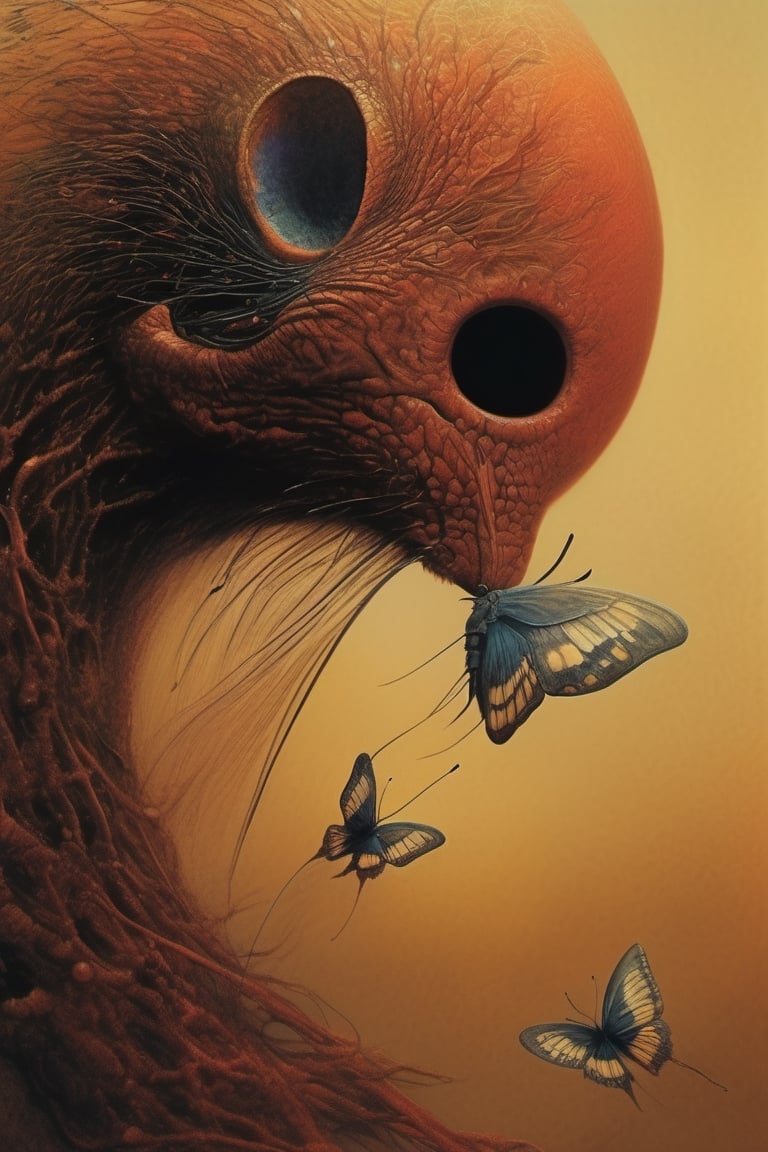 An extreme macroscopic close up of a butterflies mouth,  face and body and wings,  sporadic hairs by Ravishastri on Tensor...