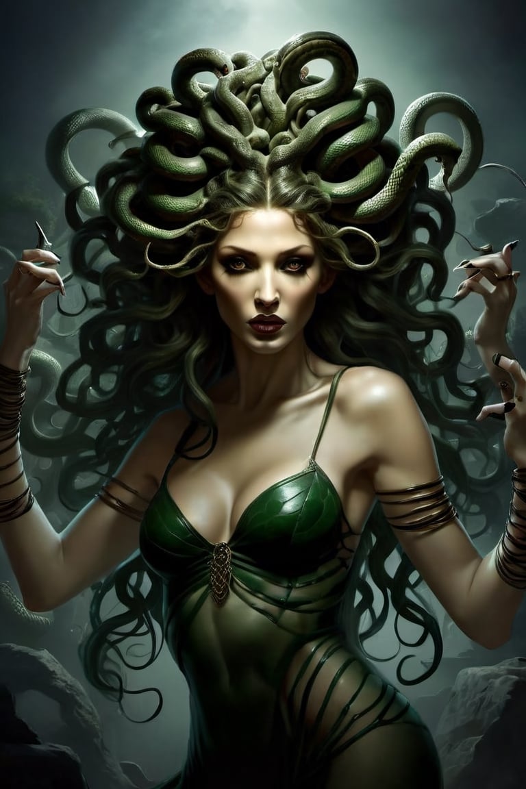 Create a captivating and realistic digital artwork of Medusa, the mythological Gorgon, with her iconic snake hair. Craft a scene that portrays her in all her terrifying beauty, and bring out the intricate details of her serpentine locks. show the terror of snakes as hair by using your artistic talent to capture the essence of this mythical character, making her come to life on the canvas. Let your imagination and creativity run wild in depicting Medusa and her mesmerizing, venomous hair in a way that evokes both fear and fascination,