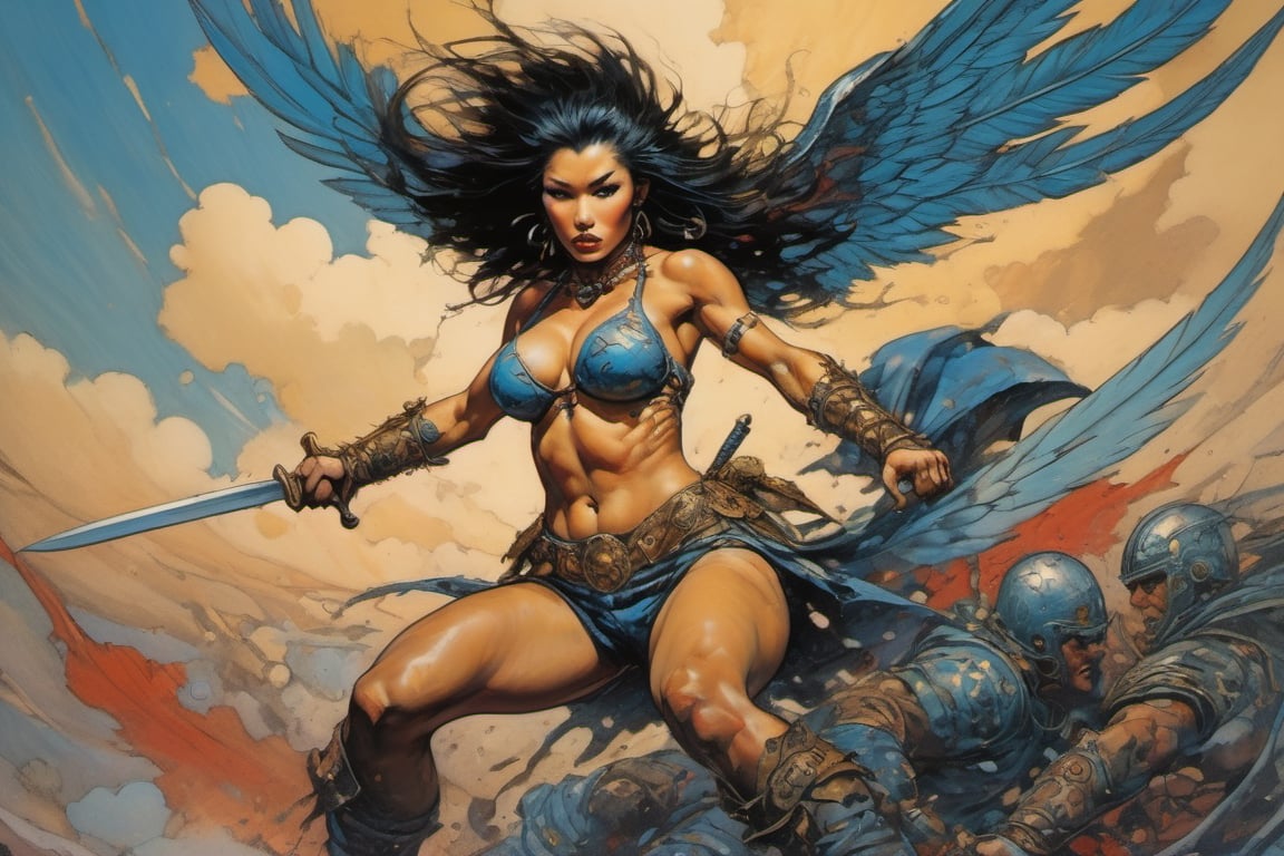 heaven poster, a warrior women, hair is wind blown, huge wings on her back, dramatic blue sky and angry lightening clouds behind her, long battle sword in her right hand, blood dripping from the sword, manga style, an oil painting, a masterpiece, art by TavitaNiko, art by Vallejo, art by Klimt , art by brom, tattoo by ed hardy, shaved hair, neck tattoos andy warhol, heavily muscled, biceps,glam gore, horror, demonic, hell visions, demonic women, military poster style, asian art, chequer board,