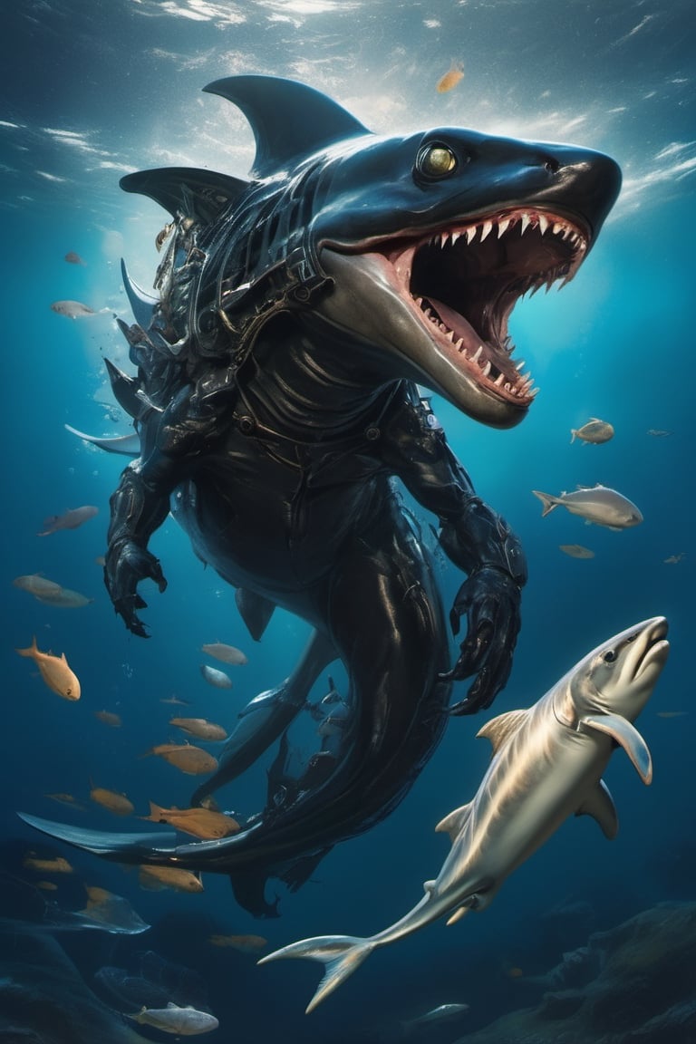an alien shark xenomorph launches itself at a nearby victim,  black shiny carapace,  drool by Ravishastri on Tensor.Art