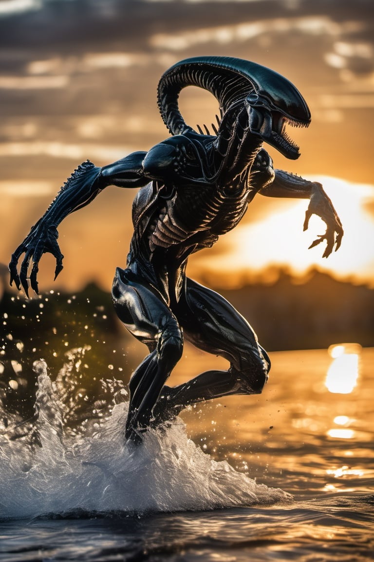 an alien xenomorph leaping from the water,  attacking swiftly like a crocodile,  water splashing by Ravishastri on Tensor.Art