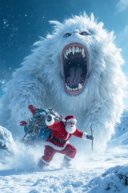 Tracking shot of a panicked santa claus,  fighting a huge snowball monster . In this iconic action scene,  Santa is domina...