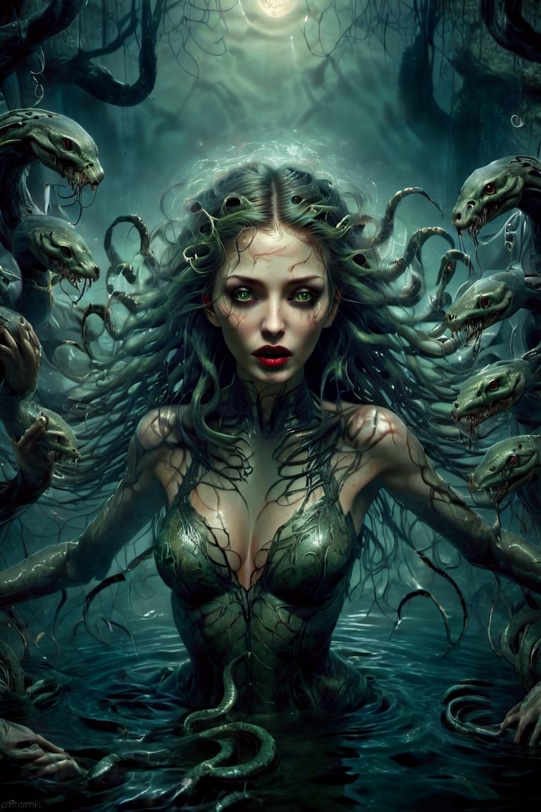 In this enchanting yet foreboding scene a beautiful woman with hair made of snakes  moves from the center of a woodland pool to the edge of the water. Moonlight surrounds her in a haunting light. 
Her hair is made of green snakes, her eyes are filled with a diffused light, she has red lips, she smirkes, she wears white small, loose, top.
Ripples surround her in the water, glistens, statues of human stone stand beside the water. 
, 8k quality, it like a 3 D picture
,HZ Steampunk,biopunk style,DonMn1ghtm4reXL,HellAI,omatsuri,flmngprsn