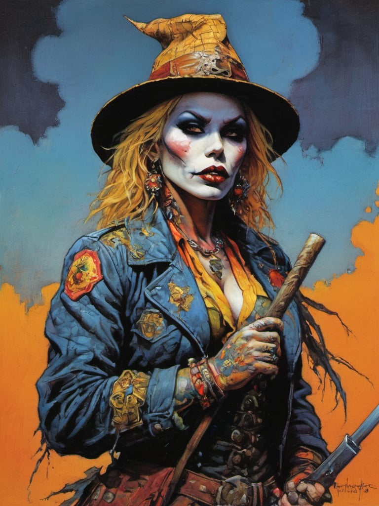 a scarecrow, Horror Comics style, an oil painting, a masterpiece, art by TavitaNiko, art by Vallejo, art by Klimt , art by brom, tattoo by ed hardy, shaved hair, neck tattoos andy warhol, heavily muscled, biceps,glam gore, horror, demonic, hell visions, demonic women, military poster style, asian art, chequer board,