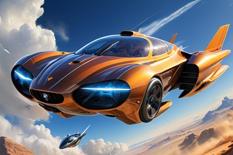 Create a visionary flying car that pushes the boundaries of design and technology. The machine is soaring above stunning l...