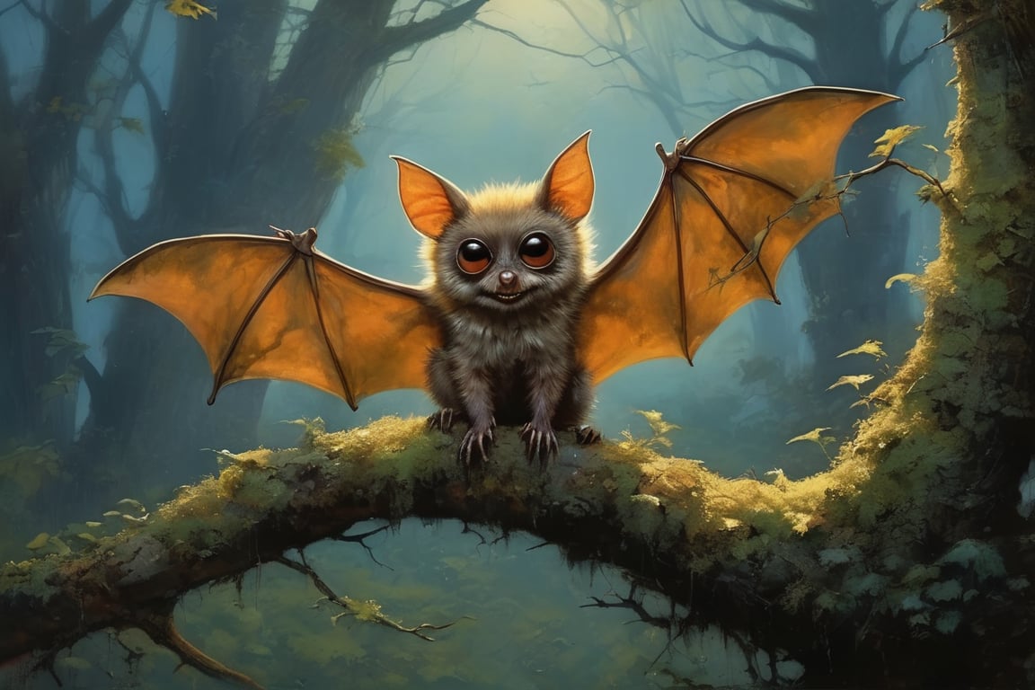 A whimsical masterpiece by Ralph Steadman meets Brom's eerie atmosphere as a cute, bat-like creature hangs upside down from a gnarled tree branch, its big, round eyes with tiny dark pupils gazing up at the Sigma 1000mm lens (f2.8) capturing every detail. The subject's bat-like ears and wings are subtly rendered, while short, fluffy skin and fur blend seamlessly into the surrounding foliage. Small, scaley hands grasp the branch, as if frozen in mid-flight. The eyes, sharp in focus, seem to hold a hint of mischief.