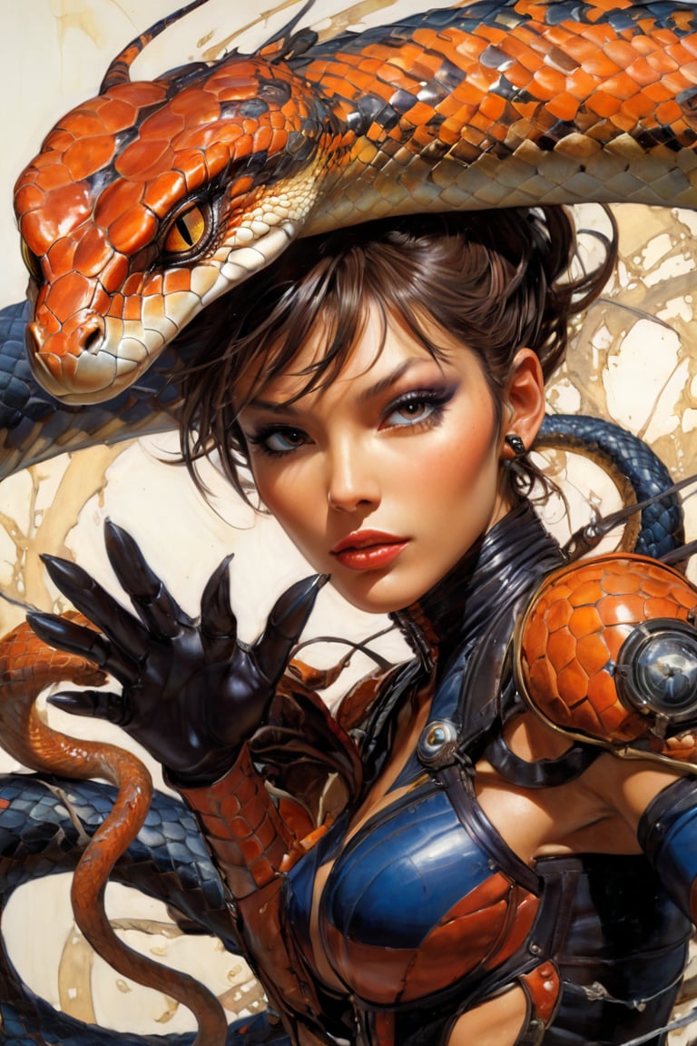 art by Masamune Shirow, art by J.C. Leyendecker, art by simon bisley, art by ralph steadman, a masterpiece, stunning beauty, hyper-realistic oil painting, snake alien creatures, a portrait picture, incredible detail, fantasy portrait, smooth scaly skin,  kaleidoscope graffiti background,action shot