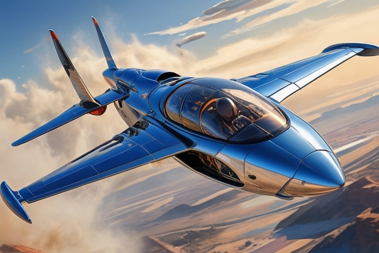 Create a visionary modern flying car that pushes the boundaries of design and technology. The machine is soaring above stu...