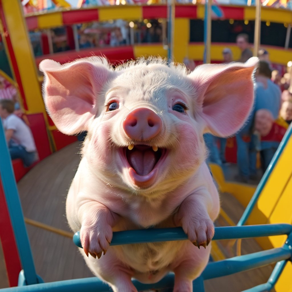 a cute 10 week old piglet,  white,  riding the ferris wheel at the fairground by Ravishastri on Tensor.Art
