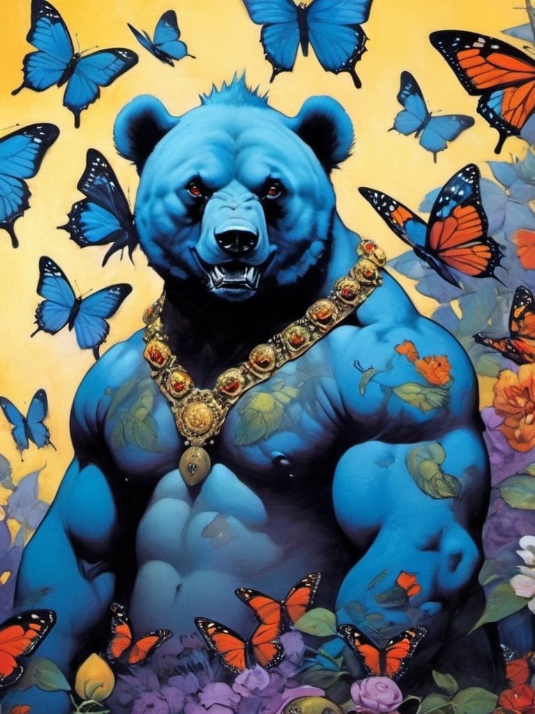 Blue bear with many baby bears, Horror Comics style, art by brom, tattoo by ed hardy, shaved hair, neck tattoos andy warhol, heavily muscled, biceps,glam gore, horror, blue bear, demonic, hell visions, demonic women, military poster style, chequer board, vogue bear portrait, Horror Comics style, art by brom, smiling, lennon sun glasses, punk hairdo, tattoo by ed hardy, shaved hair, neck tattoos by andy warhol, heavily muscled, biceps, glam gore, horror, poster style, flower garden, Easter eggs, coloured foil, oversized monarch butterflies, tropical fish, flower garden,