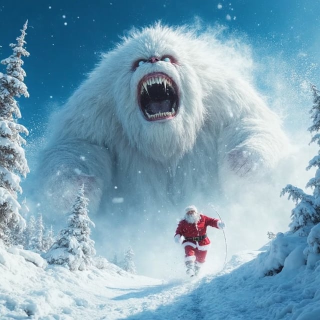 Tracking shot of a panicked santa claus,  fighting a huge snowball monster . In this iconic action scene,  Santa is domina...