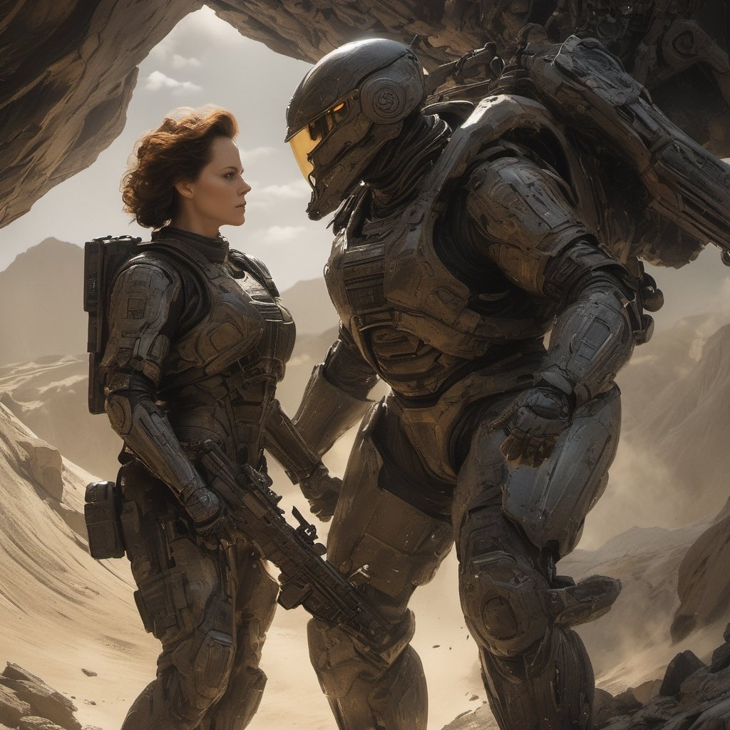 50 year old sigourney weaver as ripley,  talking to Michael fassbender as David,  low lighting by Ravishastri on Tensor.Art