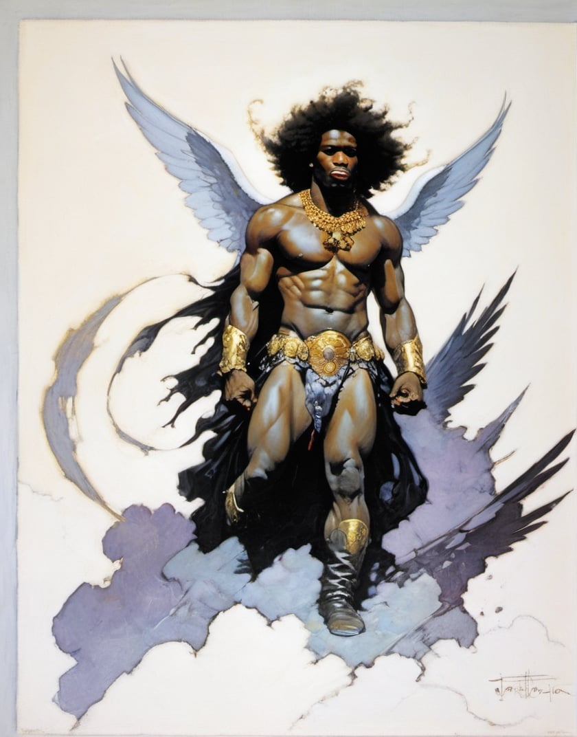 an oil painting, a masterpiece, a black male angel, wings spread,  art by TavitaNiko, art by mel odom, art by Klimt , art by brom, art by Warhol, art by frazetta, 