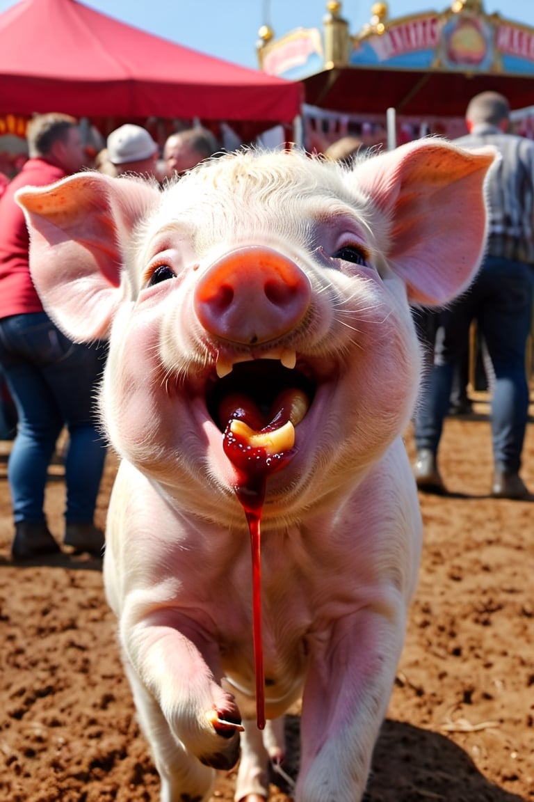 a cute 10 week old piglet,  white,  munching on a big red dripping sticky toffee apple at the fair both trotters gripping...