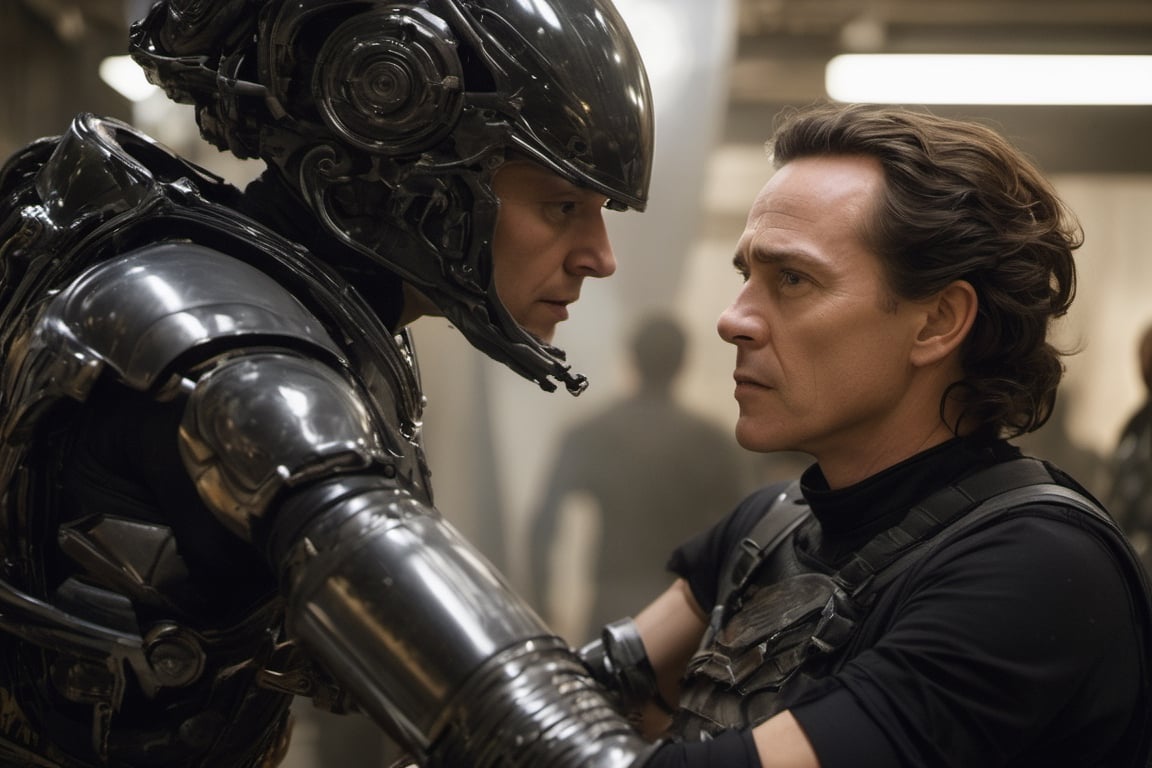 50 year old sigourney weaver as ripley,  talking to Michael fassbender as David,  low lighting by Ravishastri on Tensor.Art