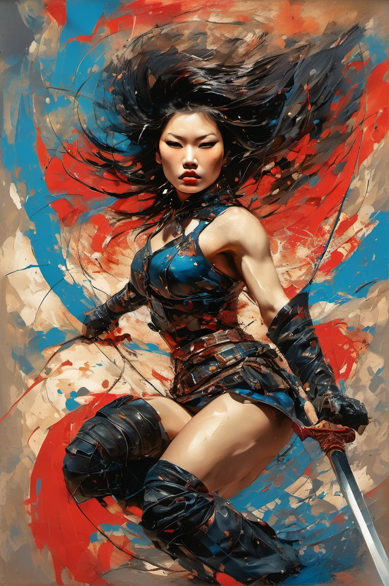 heaven poster, a warrior women, hair is wind blown, huge wings on her back, dramatic blue sky and angry lightening clouds behind her, long battle sword in her right hand, blood dripping from the sword, manga style, an oil painting, a masterpiece, art by TavitaNiko, art by Vallejo, art by Klimt , art by brom, tattoo by ed hardy, shaved hair, neck tattoos andy warhol, heavily muscled, biceps,glam gore, horror, demonic, hell visions, demonic women, military poster style, asian art, chequer board,