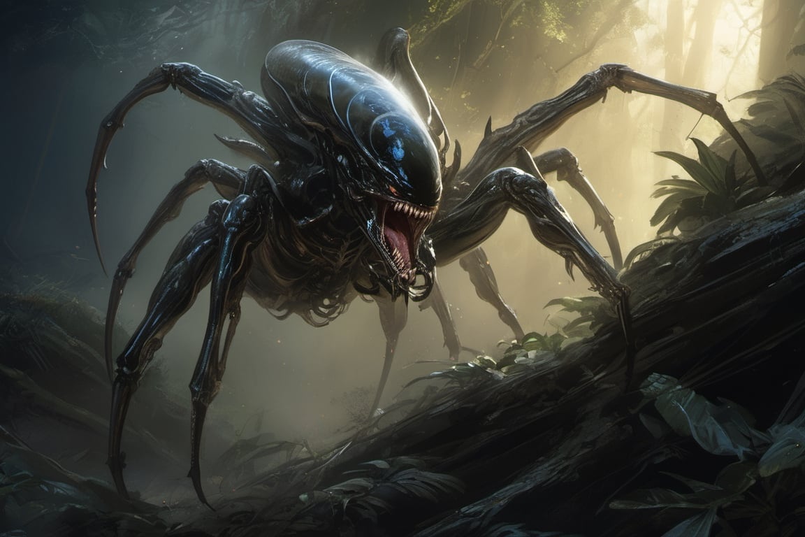 an alien sspider xenomorph launches itself at a nearby victim,  black shiny see through carapace with skull visible behind...
