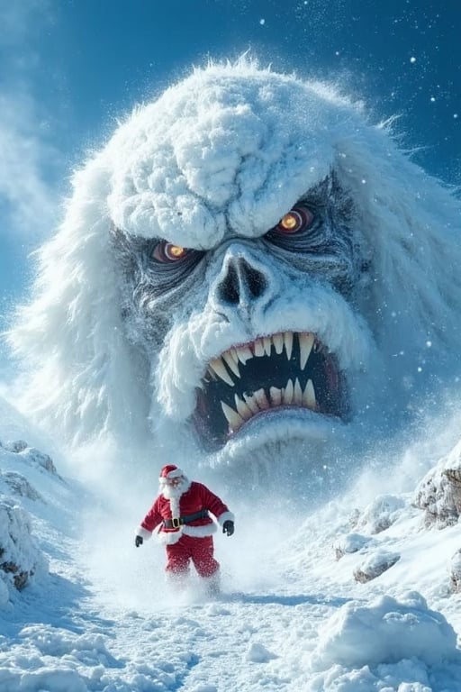 Tracking shot of a panicked santa claus,  fighting a huge snowball monster . In this iconic action scene,  Santa is domina...