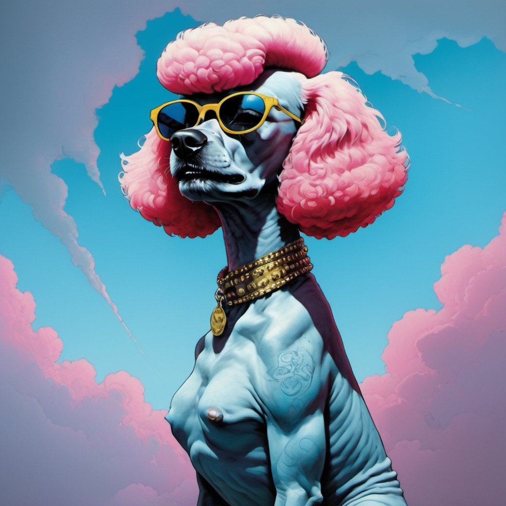 poodle from rocky horror picture show,  lennon sunglasses,  Horror Comics style by Ravishastri on Tensor.Art