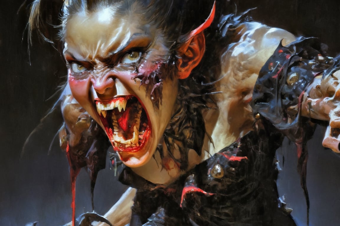 art by Masamune Shirow, art by J.C. Leyendecker, a masterpiece, stunning beauty, hyper-realistic oil painting, vibrant colors, a vampire , dark chiarascuro lighting, dripping blood and sweat, messed up, battling humans, a telephoto shot, 1000mm lens, f2,8, ,horror,Vogue,Asian folklore ,apollo_style