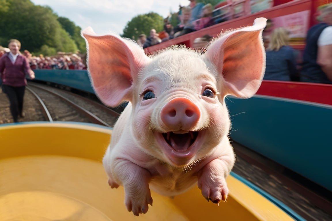 a cute 10 week old piglet,  white,  riding the haunted train at the fairground by Ravishastri on Tensor.Art