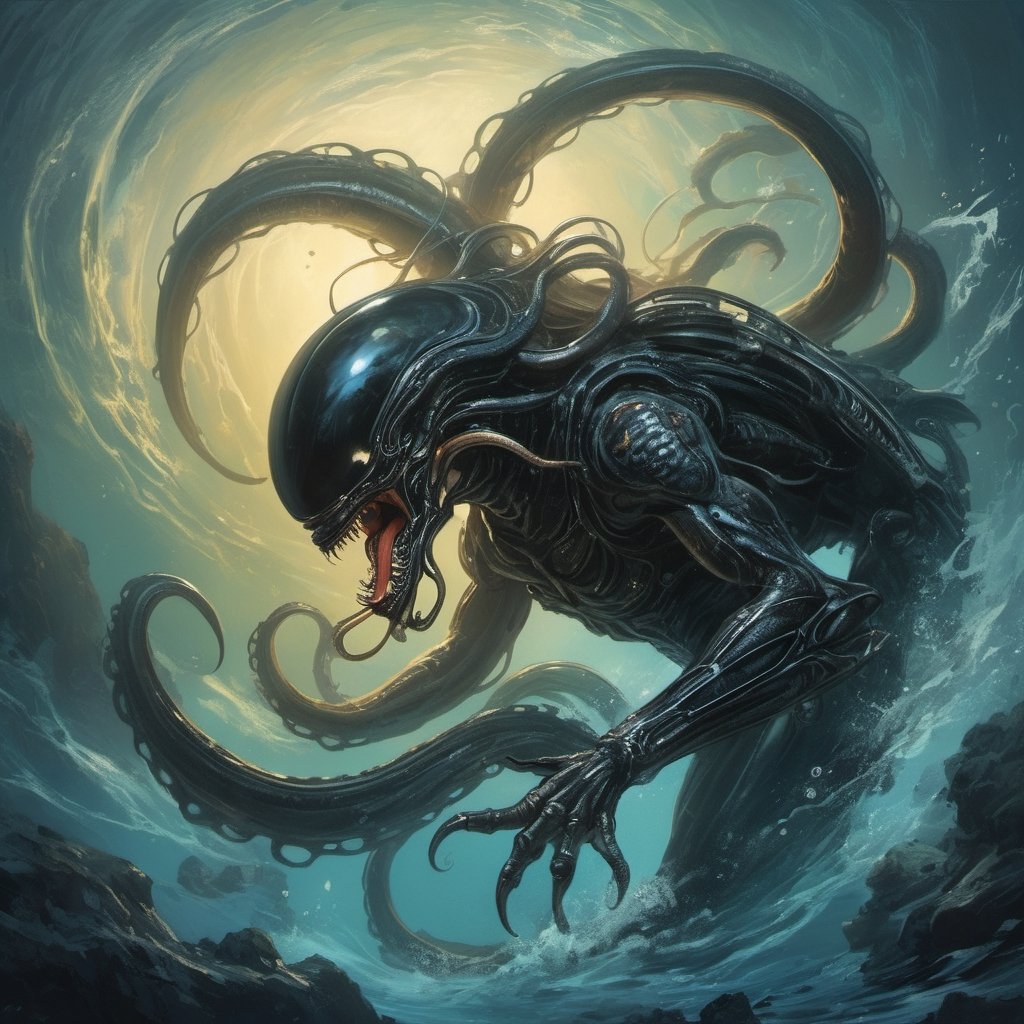 an alien xenomorph launches itself at a nearby giant octopus,  black shiny carapace,  tentacles by Ravishastri on Tensor.Art