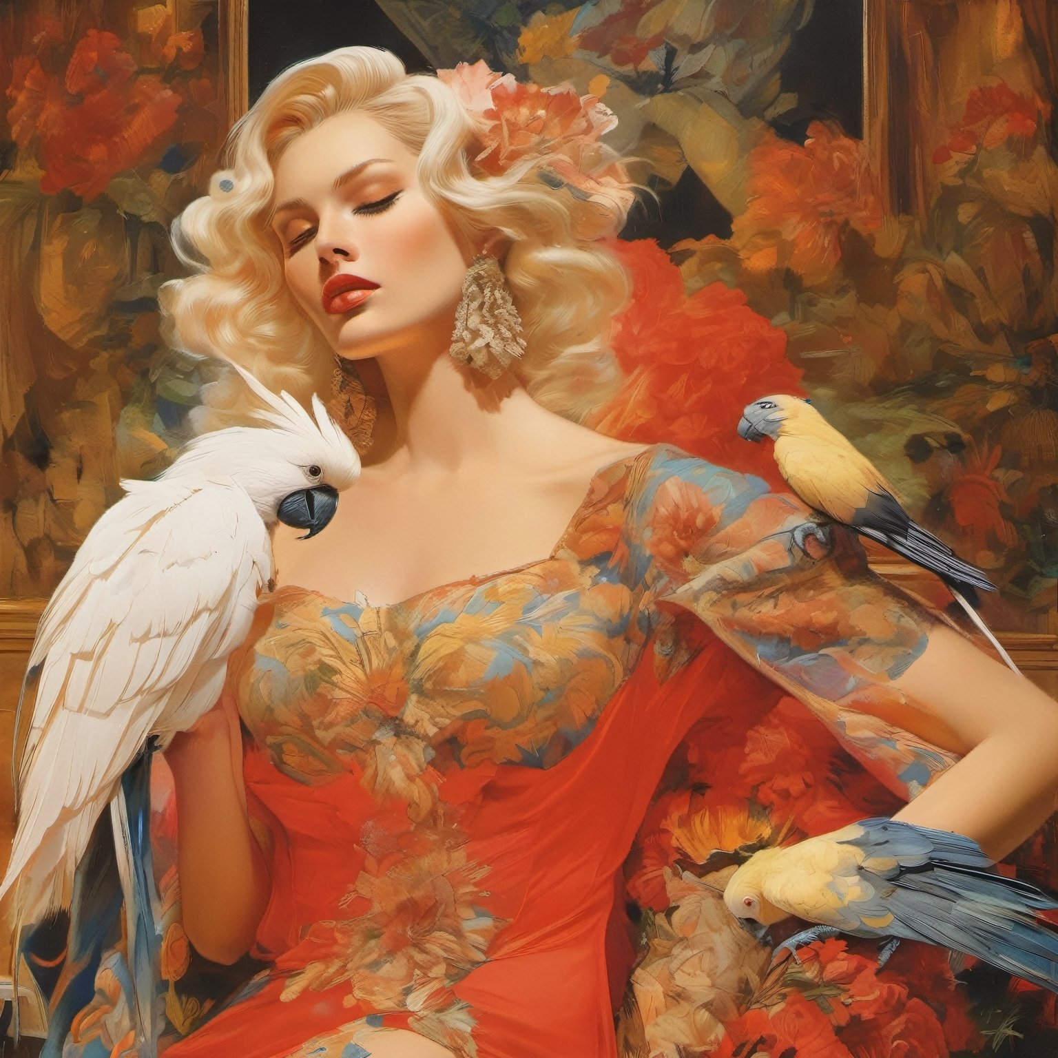 art by Masamune Shirow, art by J.C. Leyendecker, art by boris vallejo, a masterpiece, stunning beauty, hyper-realistic oil painting, vibrant colors, spanish women, 1950 art decor, 1950 art poster, black cockatoo, sulphur crested cockatoo, fashionistas, baroque style, art by armando huerta, art design by armando huertA,  tattoo by ed hardy, more detail XL,close up,Oil painting, 8k, highly detailed, Vogue style, a telephoto shot, 1000mm lens, f2,8,