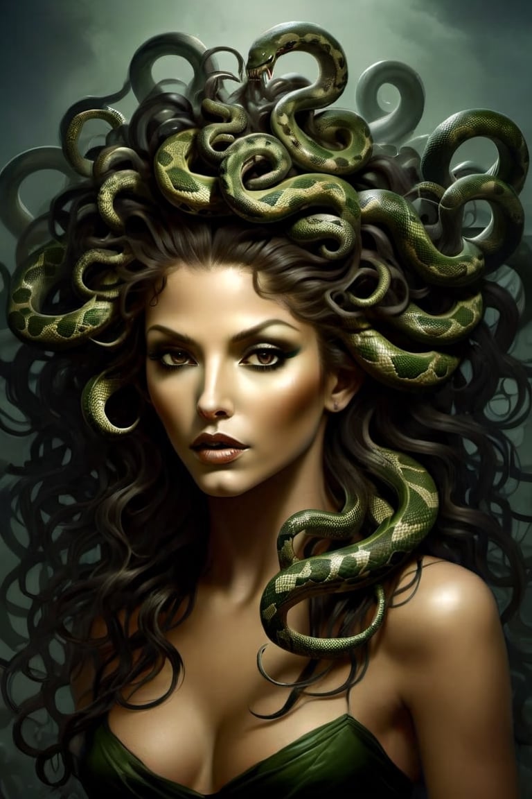 Create a captivating and realistic digital artwork of Medusa, the mythological Gorgon, with her iconic snake hair. Craft a scene that portrays her in all her terrifying beauty, and bring out the intricate details of her serpentine locks. show the terror of snakes as hair by using your artistic talent to capture the essence of this mythical character, making her come to life on the canvas. Let your imagination and creativity run wild in depicting Medusa and her mesmerizing, venomous hair in a way that evokes both fear and fascination,