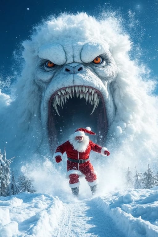 Tracking shot of a panicked santa claus,  fighting a huge snowball monster . In this iconic action scene,  Santa is domina...
