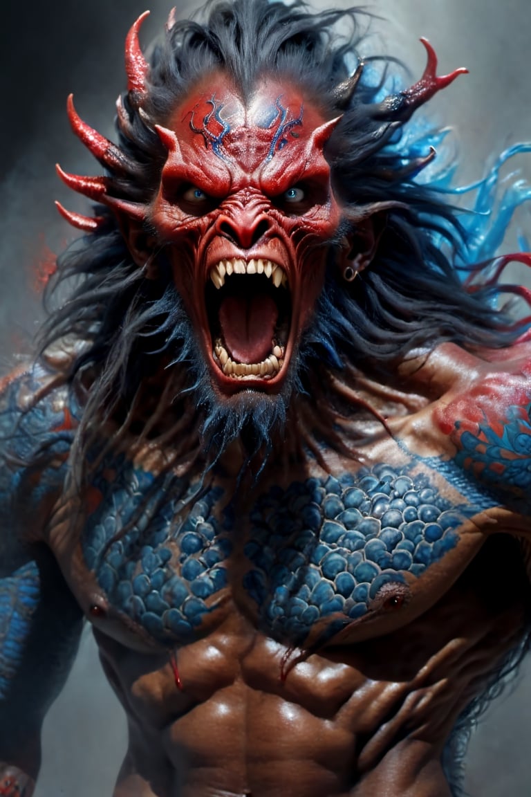 close up of the mans face, a sexy black african mans arm and shoulder, man is staring screaming at the viewer, raging, long hair, the arm and shoulder are covered in a very detailed intricate red and blue dragon tattoo that is protruding outfrom the skin, coming alive, its screaming, scratching, similar to dragon tattoo by Boris Vallejo, slowly you see the small dragon tattoo in parts is coming out of the skin and becoming a real version of the tattoo, sticking out, scales, extended claws, spit, spittle, blood drops, 16K, movie still, cinematic, ,omatsuri,DonMn1ghtm4reXL