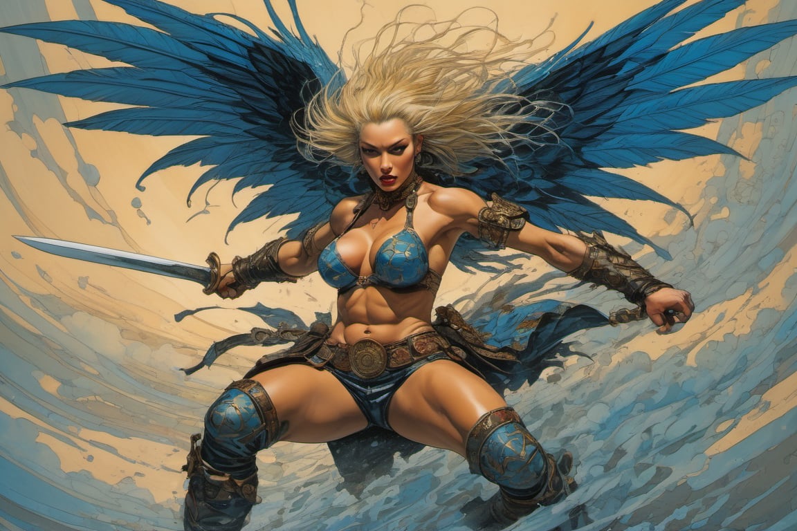 heaven poster, a warrior women, hair is wind blown, huge wings on her back, dramatic blue sky and angry lightening clouds behind her, long battle sword in her right hand, blood dripping from the sword, manga style, an oil painting, a masterpiece, art by TavitaNiko, art by Vallejo, art by Klimt , art by brom, tattoo by ed hardy, shaved hair, neck tattoos andy warhol, heavily muscled, biceps,glam gore, horror, demonic, hell visions, demonic women, military poster style, asian art, chequer board,