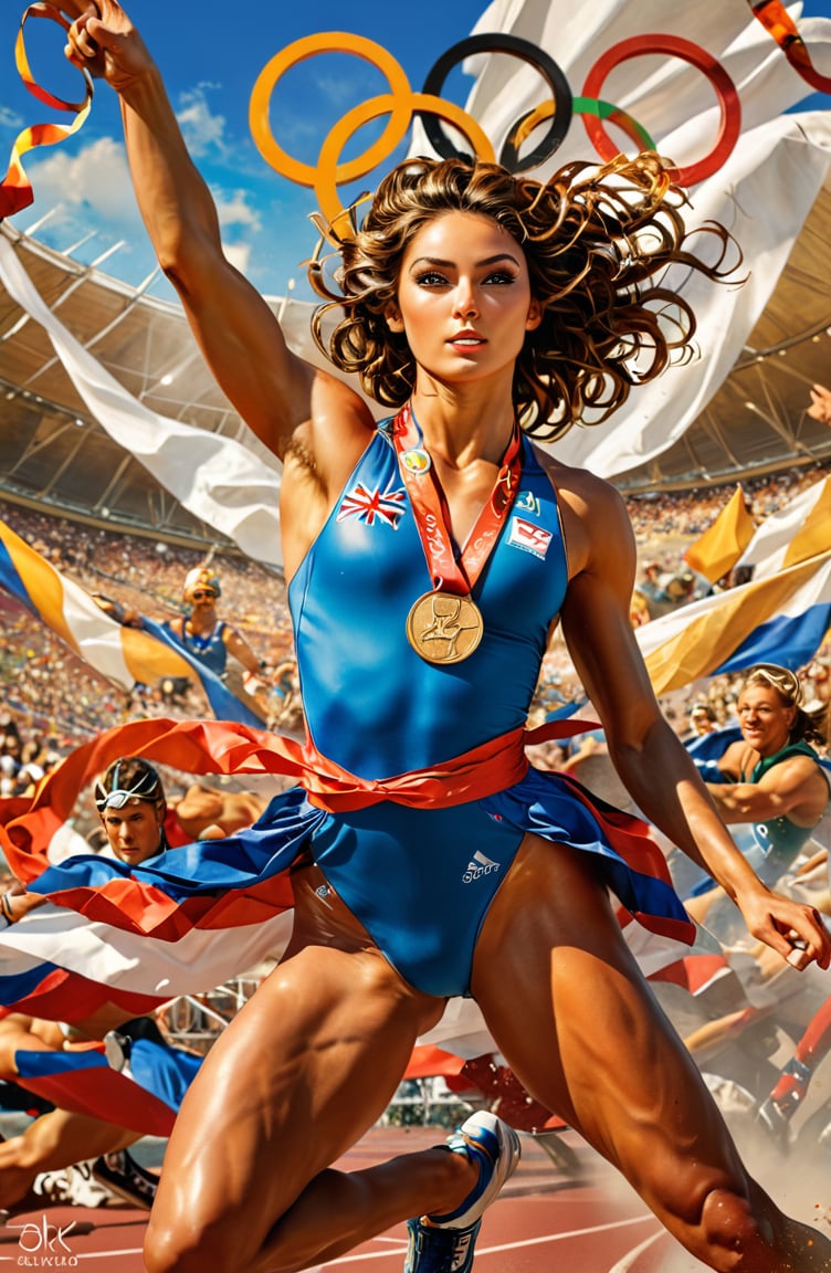 olympic carving by michelangelo, art by simon bisley, art by Boris Vallejo , a masterpiece, stunning beauty, hyper-realistic movie poster, 8k, olympic stadium athletes, bronze medal, silver medal, gold medal, olympic rings, a british olympic athlete,  a telephoto portrait picture, background blurred, incredible detail, fantasy portrait, smooth skin, kaleidoscope graffiti background, artint, frutiger, An Olympic athlete stands triumphantly, gold medal held aloft in one hand.  The artwork is a masterpiece, boasting incredible detail and a sense of depth that pulls the viewer in.